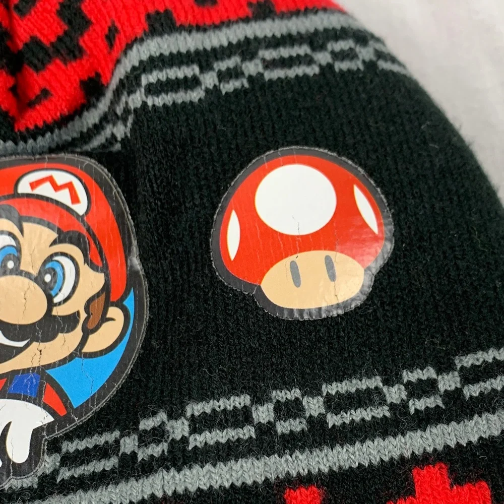 Nintendo Super Mario Black and Red Kids Knit Beanie Star Toad 90s Nostalgia